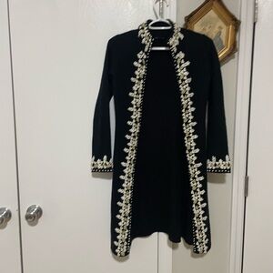 Black Long Coat with White Floral Embroidery